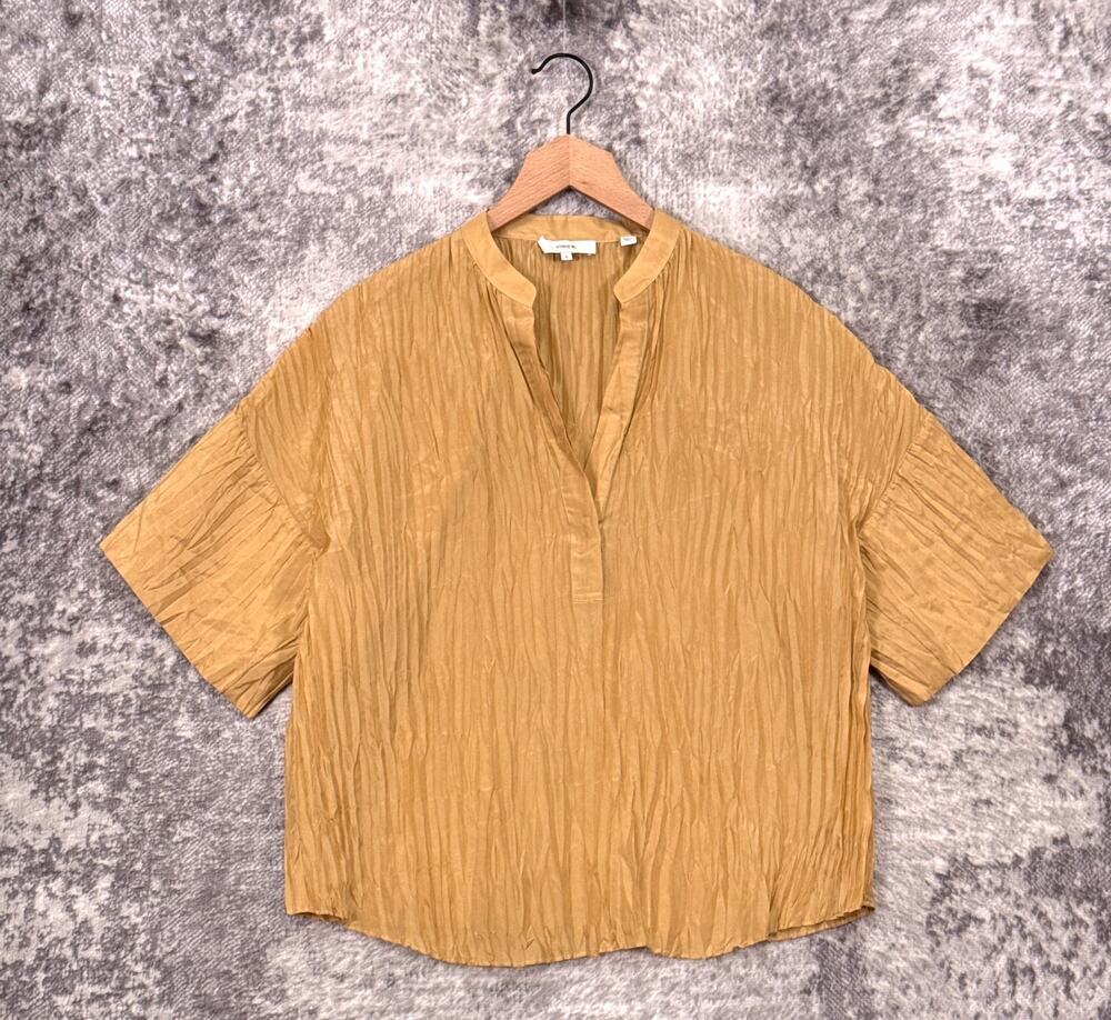 Vince 100% Silk Top Medium Womens Crinkle Plisse Pleat Blouse Gold